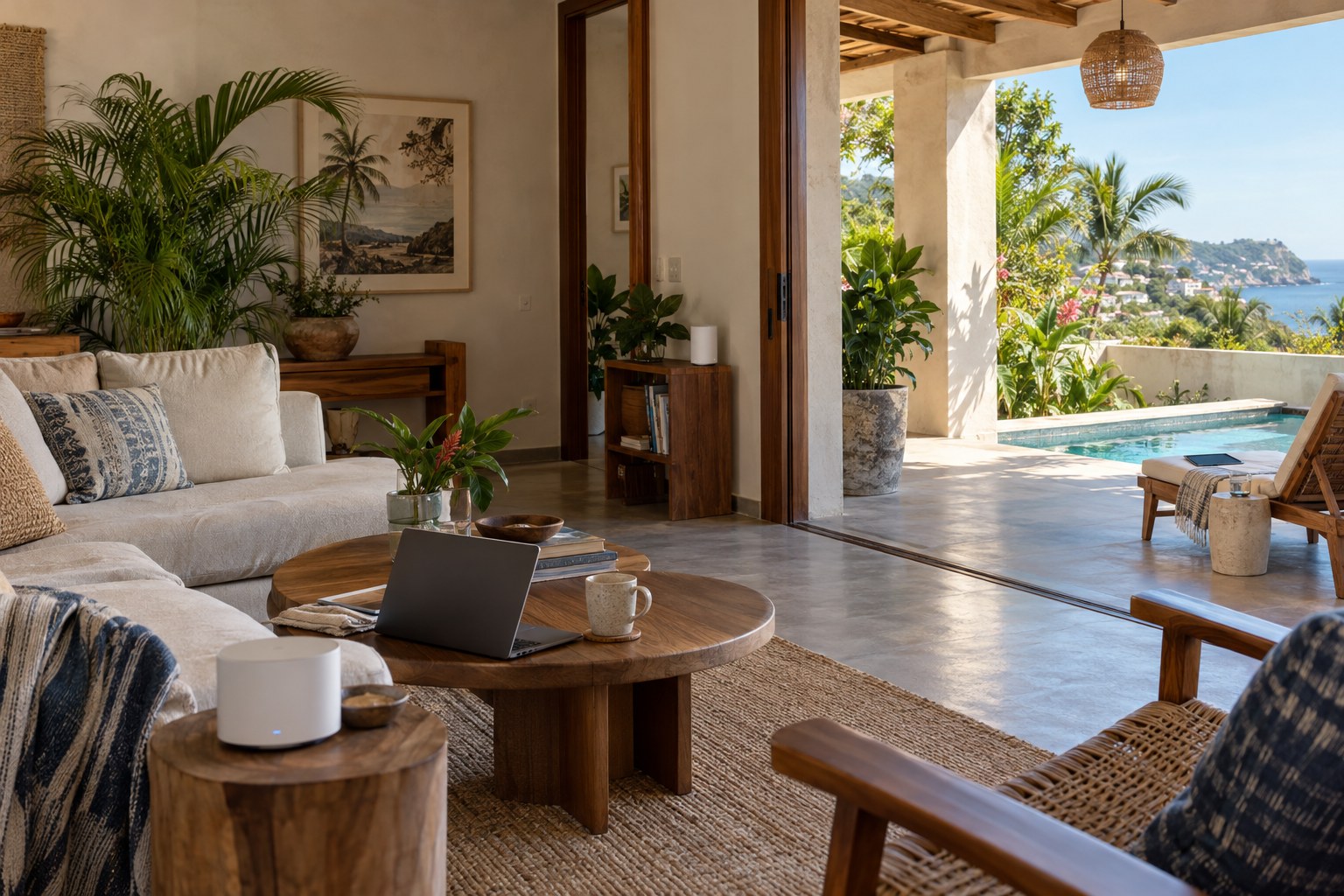 Sala con nodo Wi-Fi mesh y vista a un patio con alberca